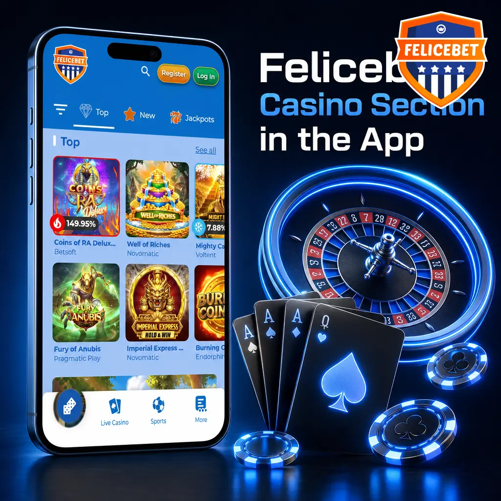 Felicebet app casino section showing slots, live casino, table games, crash games, and jackpot categories on mobile