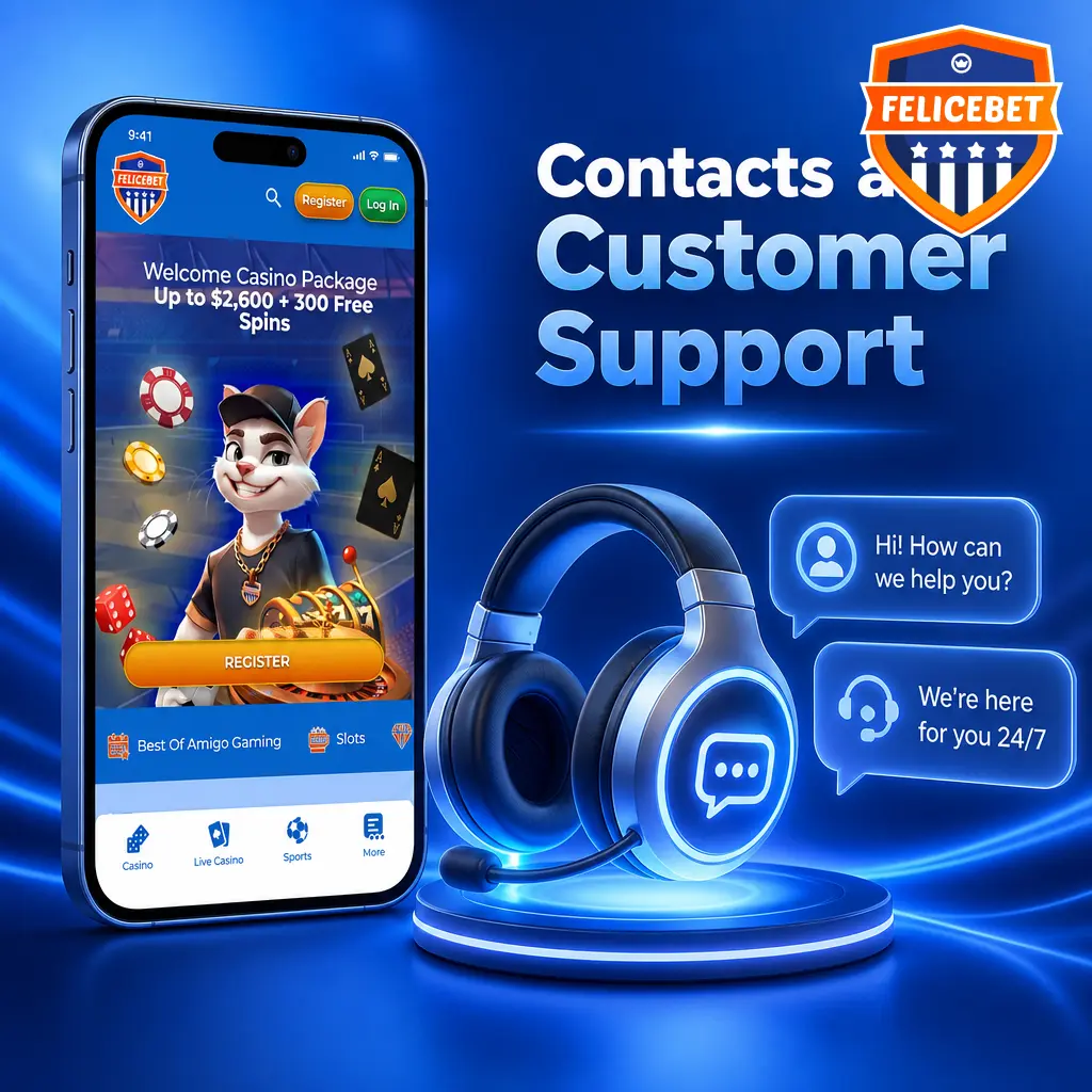 Felicebet customer support options including live chat, email, and FAQ help centre available 24/7