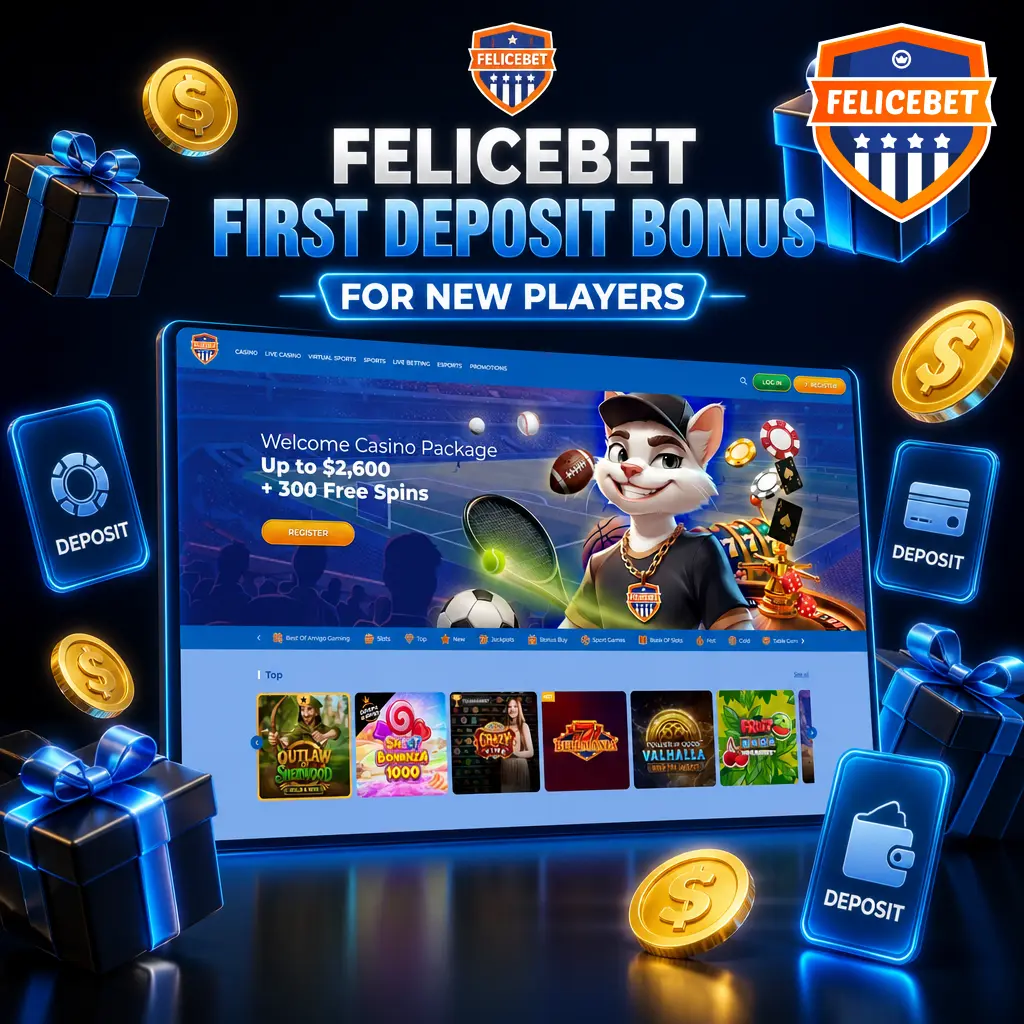 Felicebet first deposit bonus offering 500% up to EUR 2600 plus 300 free spins or 150% sports bonus up to EUR 250