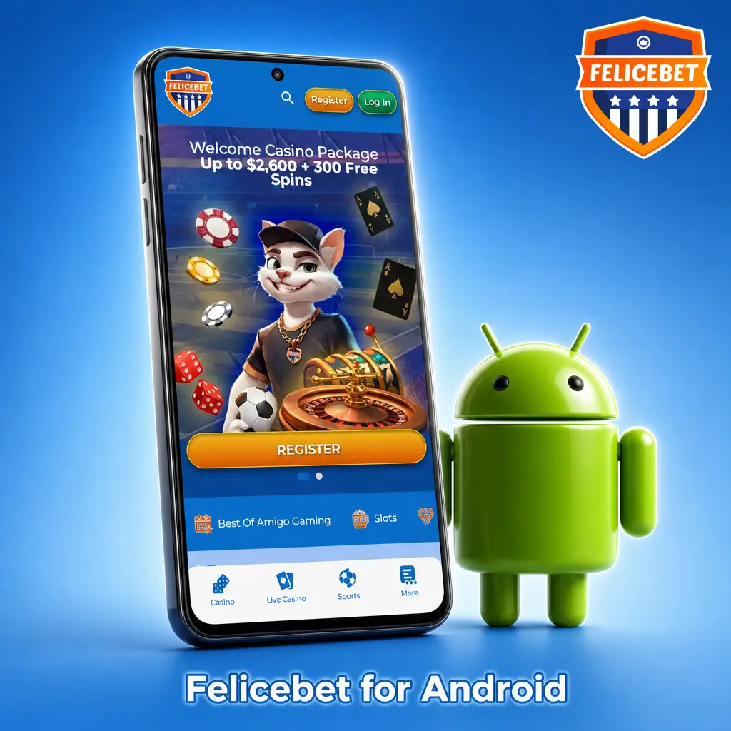 Felicebet Android app APK download interface showing sportsbook and casino access for Android 8.0 and above