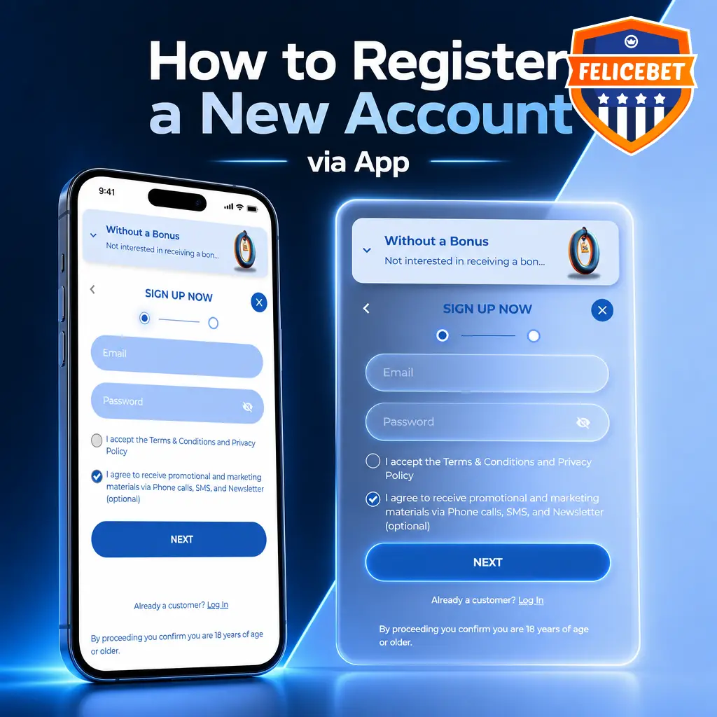 Felicebet app registration screen showing step-by-step account sign-up process via phone, email, or social media