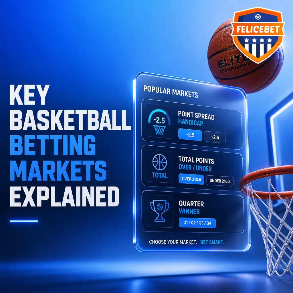 Felicebet basketball betting markets diagram showing point spread, moneyline, totals, props, and winning margin options
