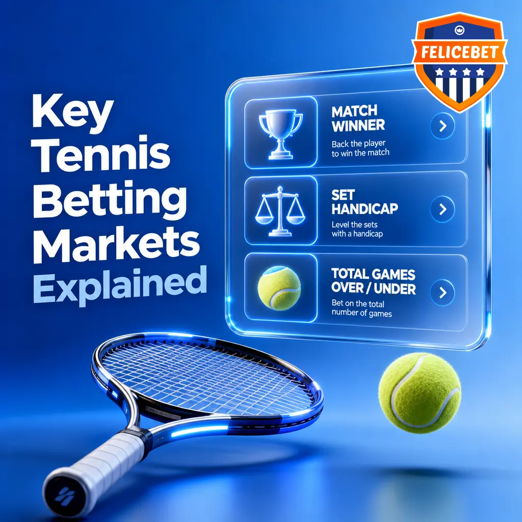 Felicebet tennis betting markets diagram showing match winner, set betting, handicap, total games, correct score options