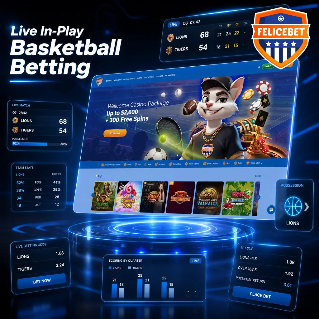 Felicebet live in-play basketball betting with real-time odds updates for NBA, EuroLeague, FIBA, and NCAA games
