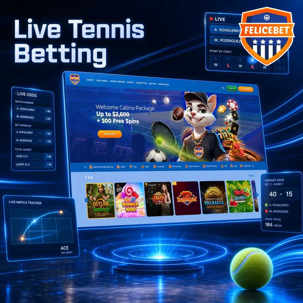 Live tennis betting on Felicebet with real-time odds, live stats, and markets for Set Betting, Total Games, and Match Winner