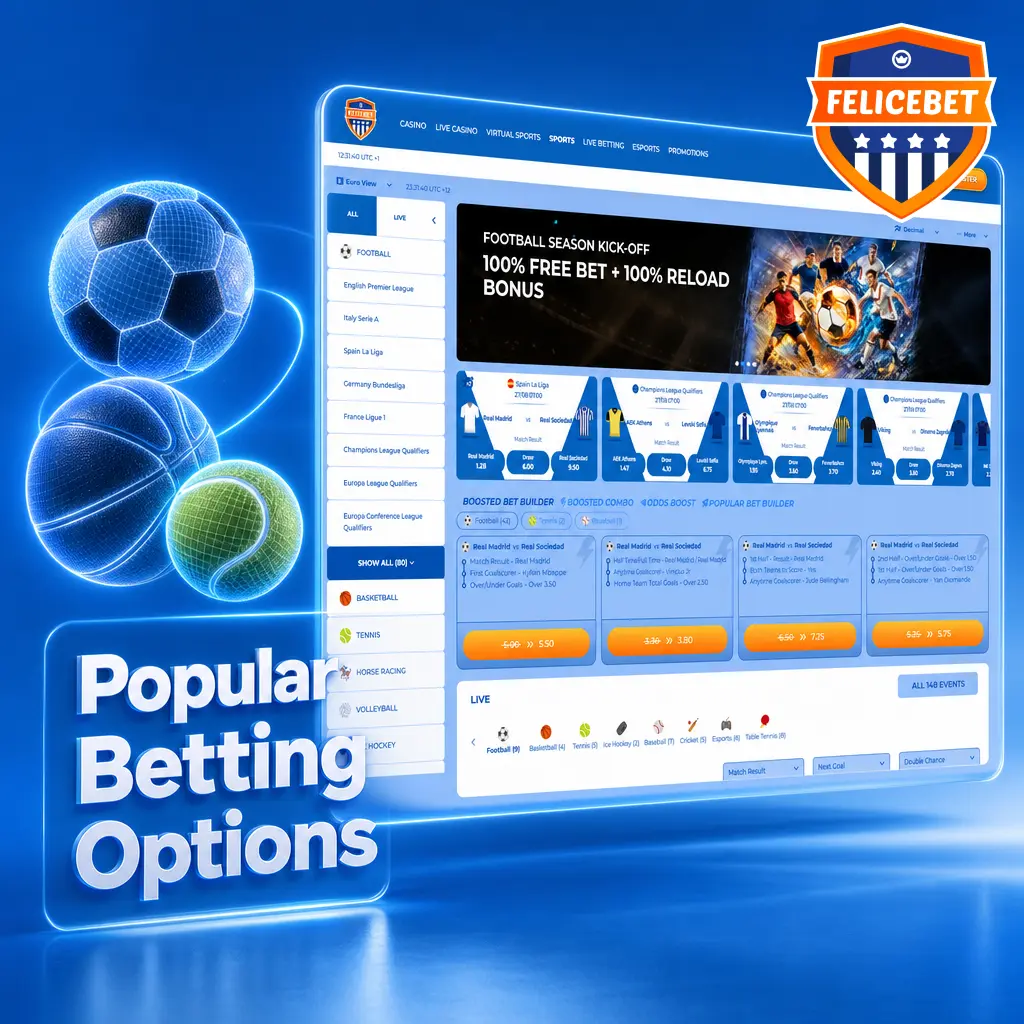 Felicebet betting options including pre-match, live betting, and accumulator bets across football, basketball, and tennis