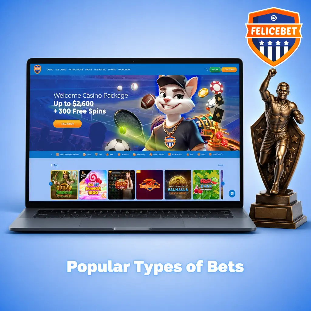 Felicebet popular bet types including single, accumulator, system, handicap, Asian handicap, live, prop, futures, and bet builder
