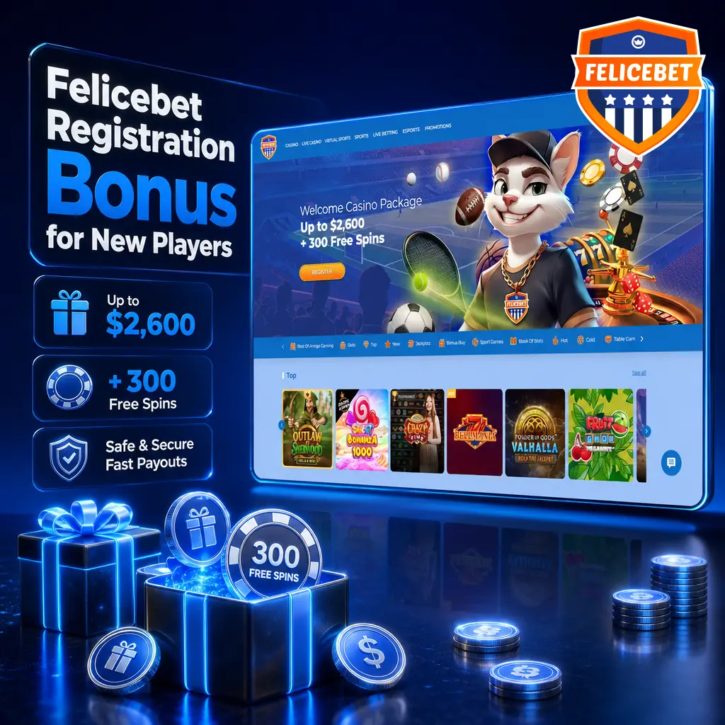 Felicebet registration bonus showing 500% up to EUR 2,600 casino offer and 150% up to EUR 250 sports bonus for new players