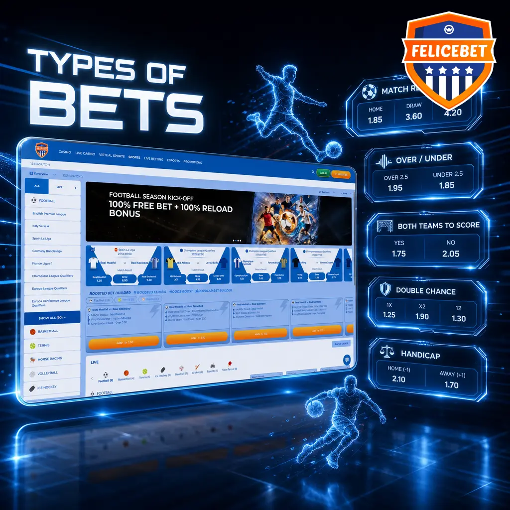 Felicebet bet types including single, accumulator, system bet, Asian handicap, over/under, and futures explained