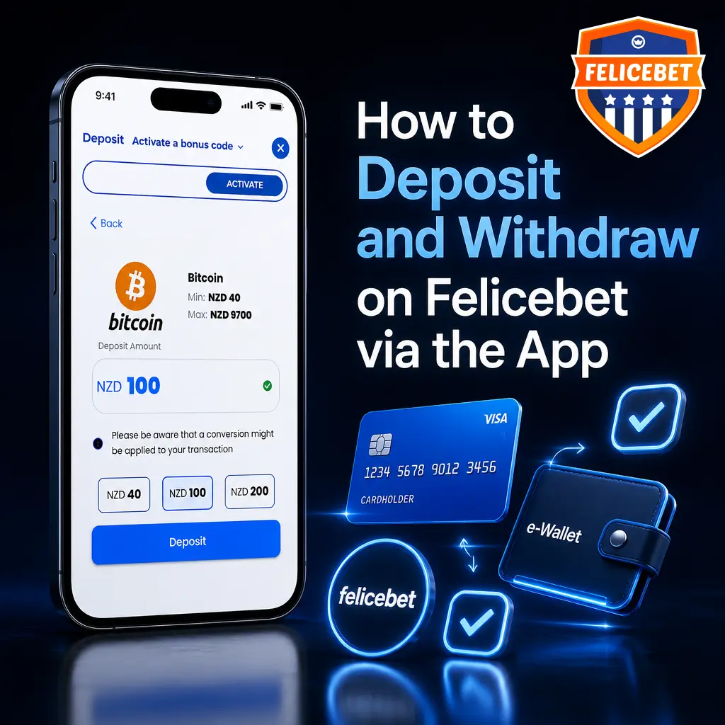 Felicebet mobile app cashier screen showing deposit and withdrawal options with SSL-secured payment methods