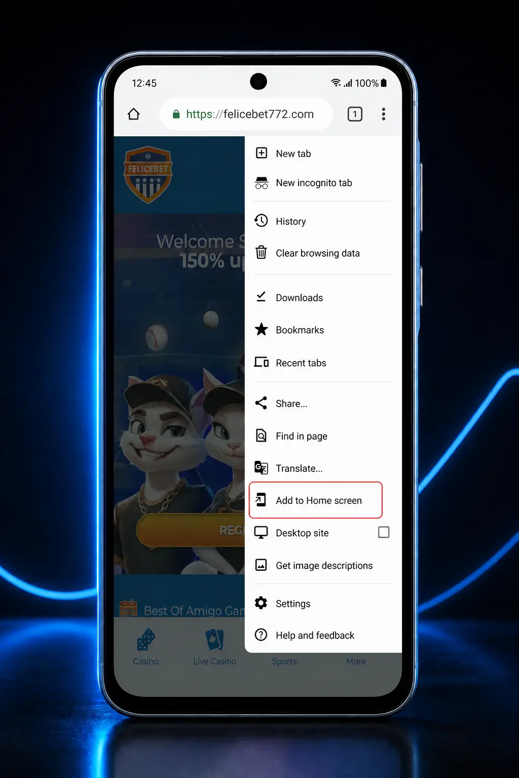 Felicebet APK download and install steps on Android showing settings, file manager, and app launch process