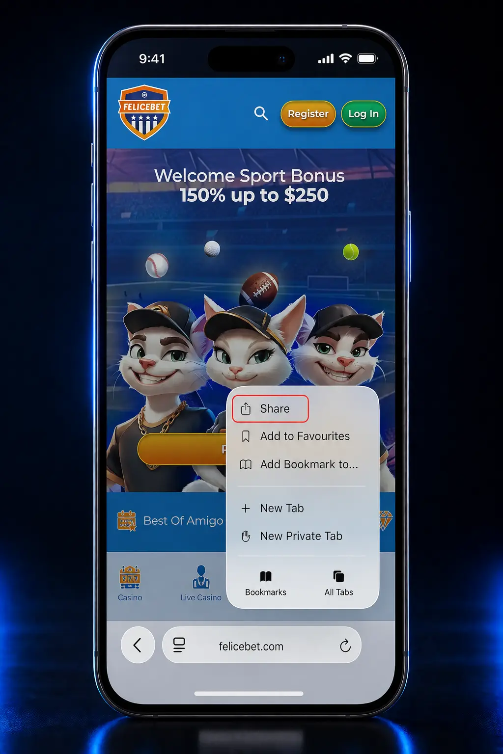 Felicebet iOS app installation steps on iPhone showing Safari PWA setup and Add to Home Screen process
