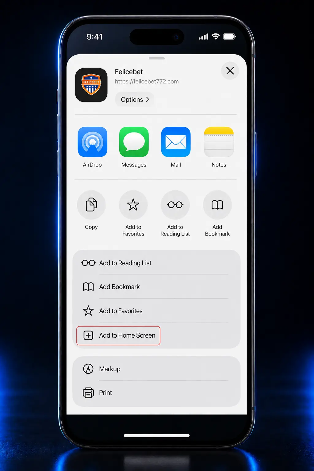Felicebet iOS app installation steps on iPhone showing Safari PWA setup and Add to Home Screen process