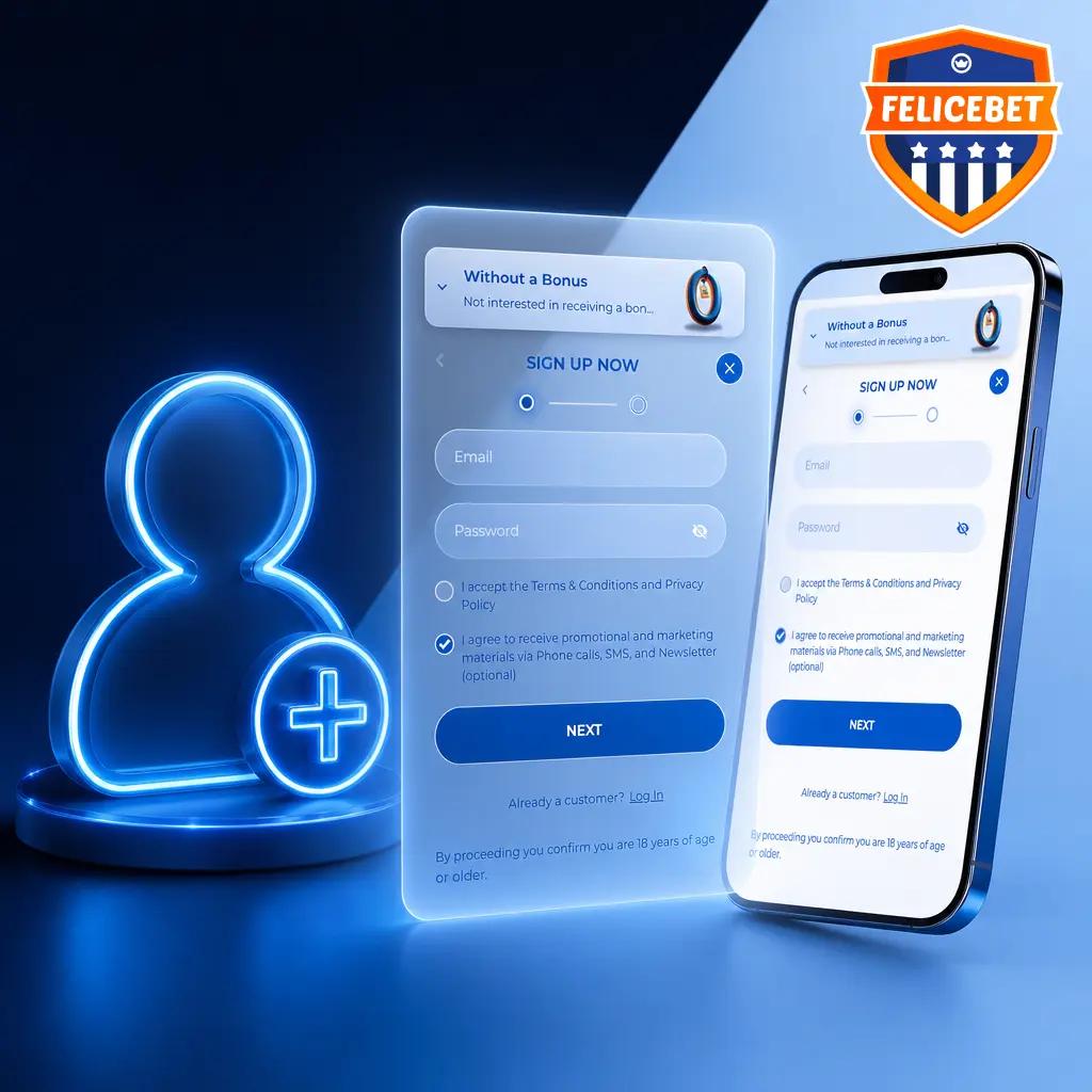 Felicebet registration form showing sign-up steps including email verification and first deposit to activate welcome bonus