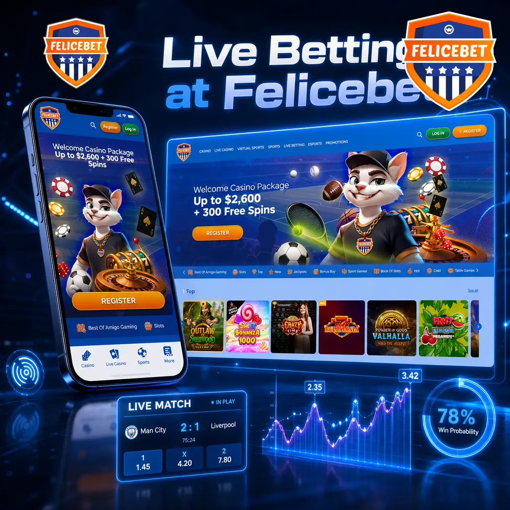 Felicebet live betting interface showing real-time in-play markets for football, basketball, tennis, and esports