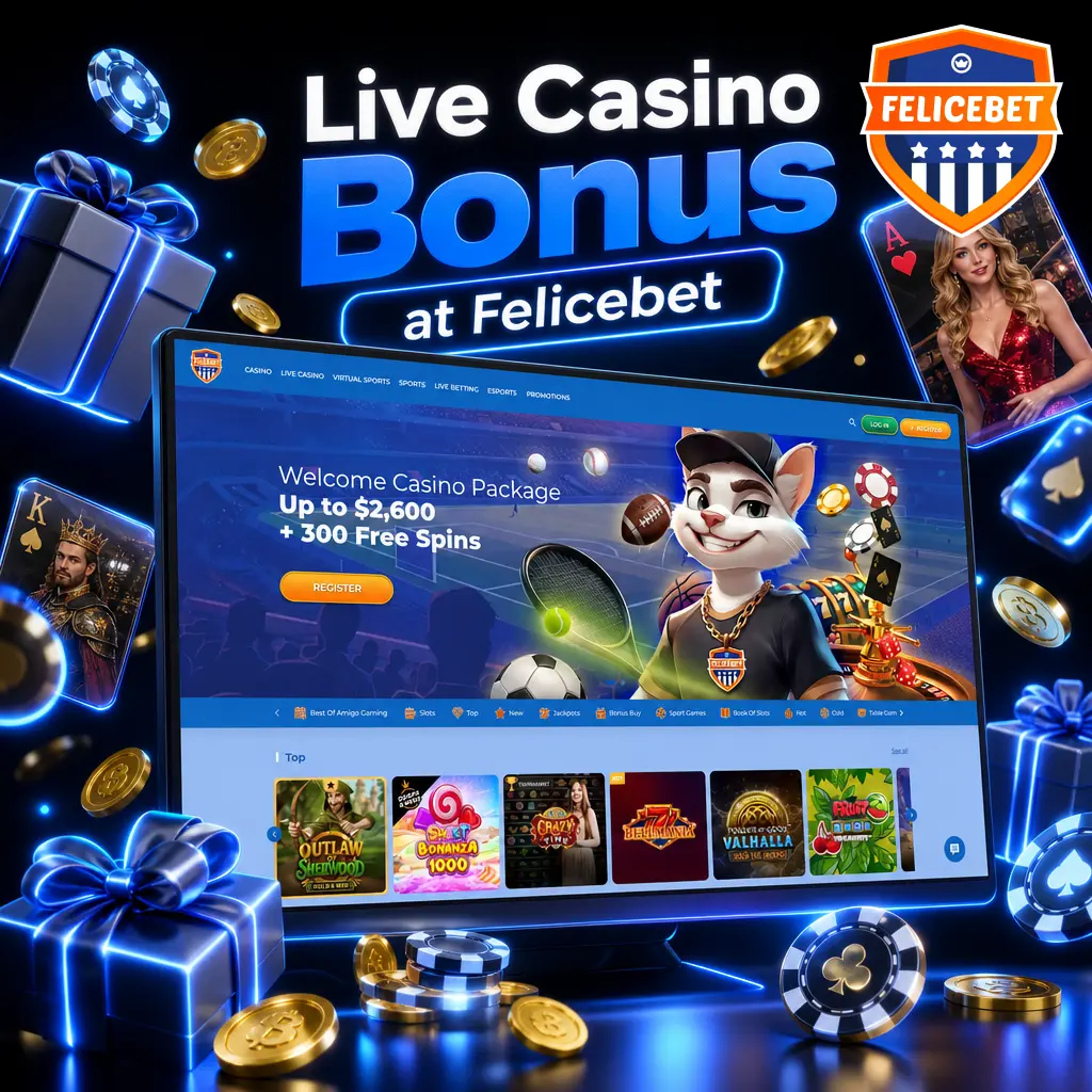 Felicebet Live Casino 500% welcome bonus up to EUR 2,600 plus 300 Free Spins on first deposit