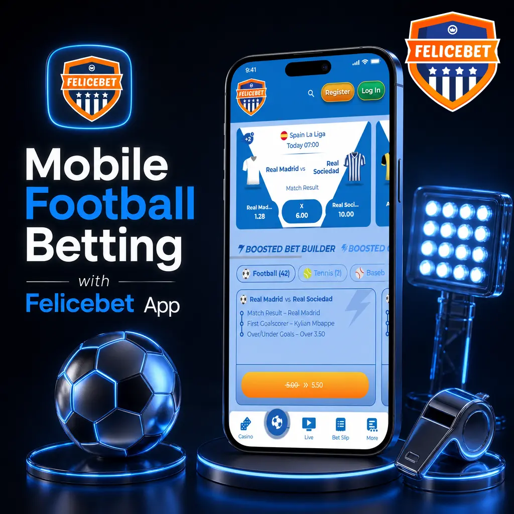 Felicebet app interface showing mobile football betting menu with live odds and match markets