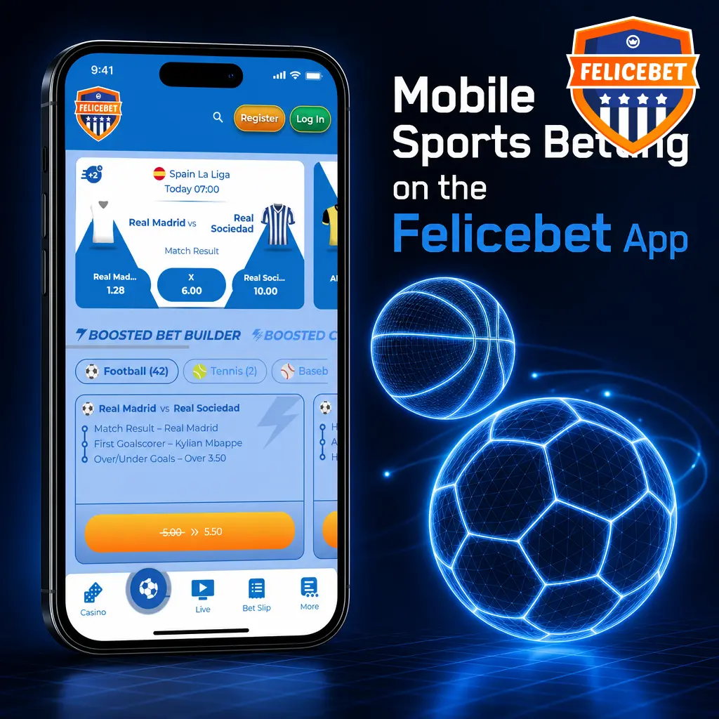 Felicebet app interface showing live and pre-match betting across 30+ sports including football, basketball, tennis, and esports