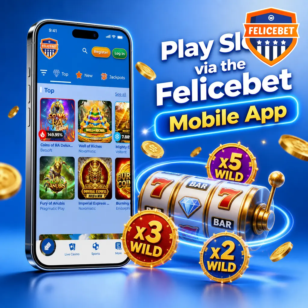 Felicebet mobile app PWA showing slot games lobby with touch controls on smartphone screen
